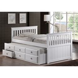 WHITE TWIN PLATFORM BED W TRUNDLE & DRAWERS