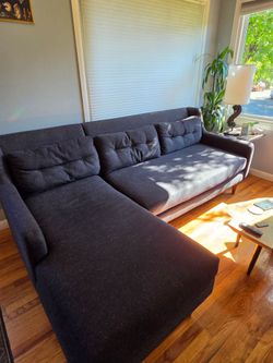 West Elm chaise couch, charcoal tweed.