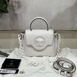 VERSACE Calfskin La Medusa Top Handle Handbag Optical White (Preowned)