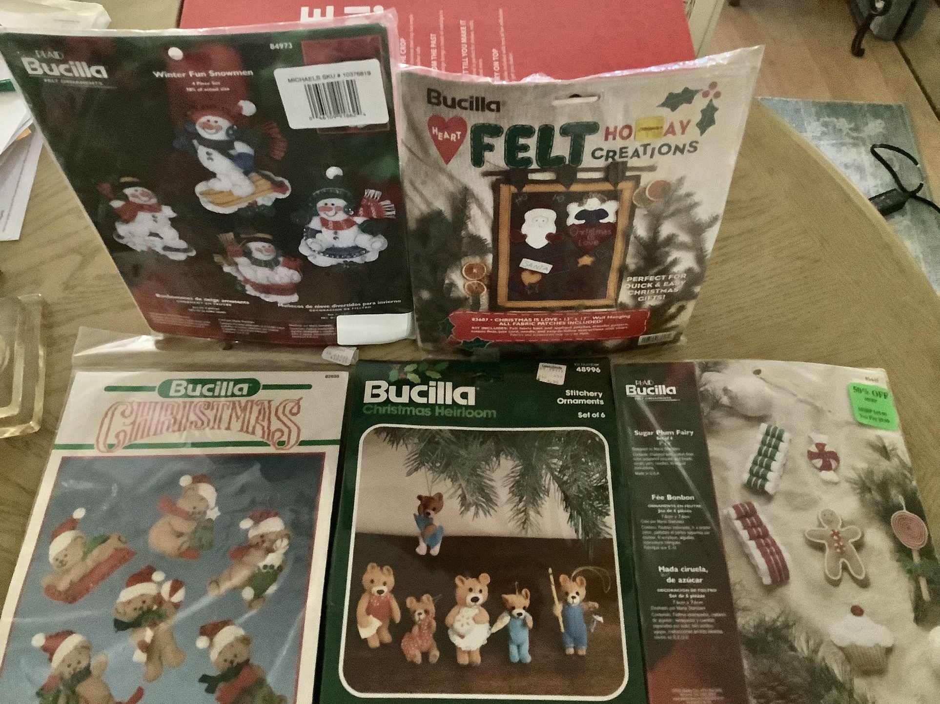 Bucilla Christmas Felt stamped vintage 5 patterns Christmas Stitchery ornaments All Unopened .see in description