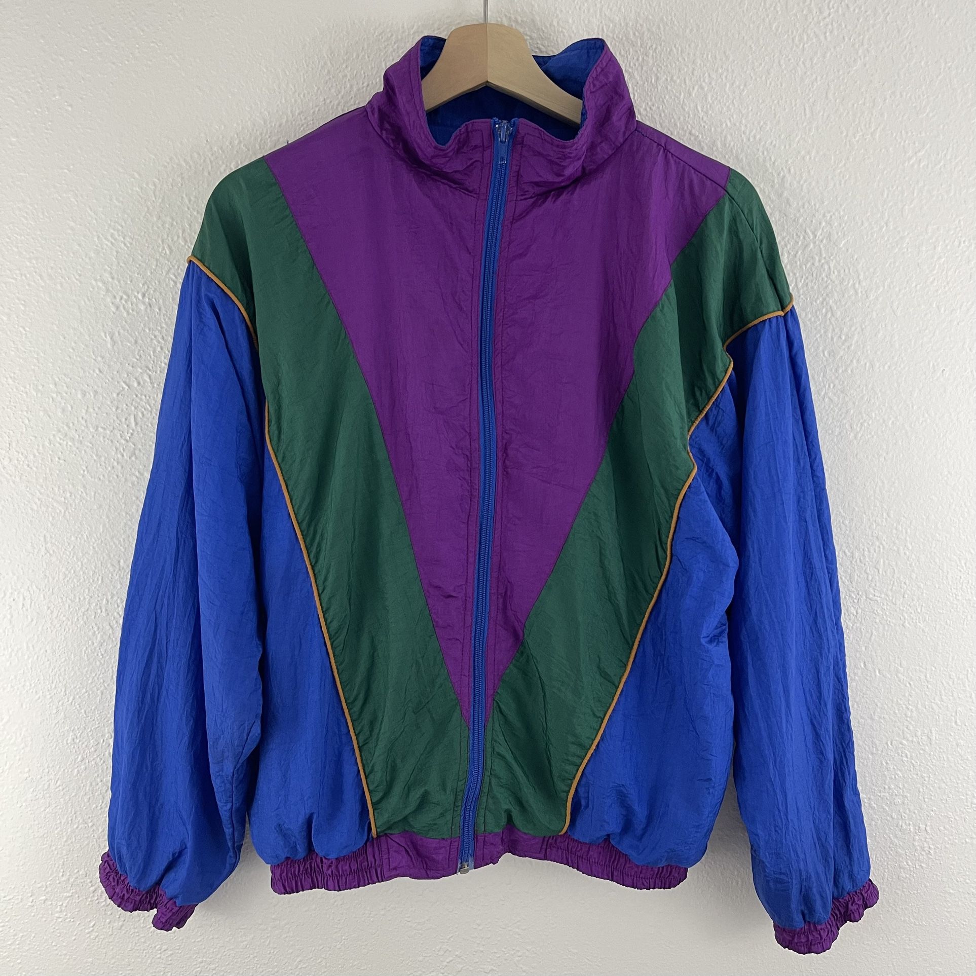 Vintage 90s Purple Blue Green Colorblock Mock Neck Full Zip Windbreaker Jacket