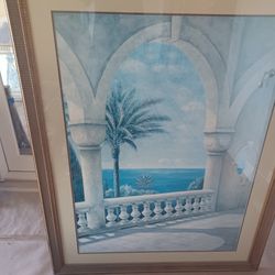 3'9 " w × 4'8" tall -- BEAUTIFUL  WOOD FRAMED MEDITERRANEAN SCENE ( EXLNT CONDITION)  MOVING-- MUST SELL REDUCED  !!! GREAT DEAL  !!!
