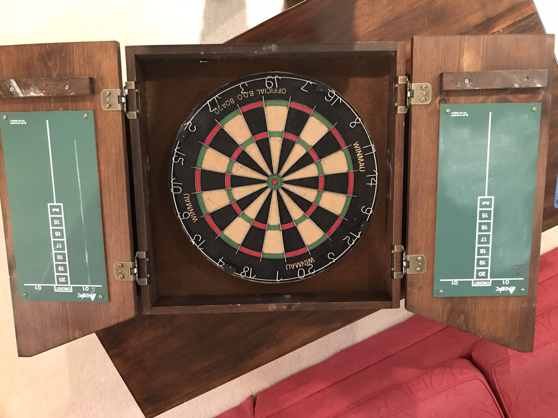 Dart Board in Wooden Game Cabinet