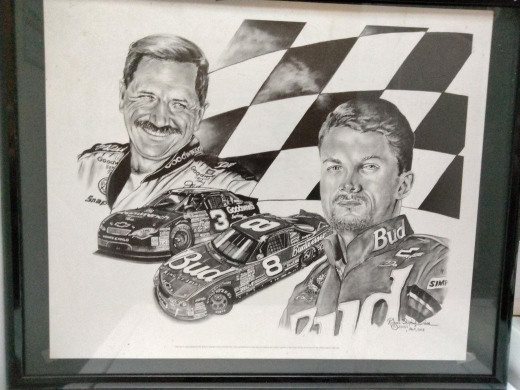 DALE EARNHARDT AND DALE JR LITHOGRAPH 24" X 27"FRAMED LIMITED EDITION UNDER GLASS