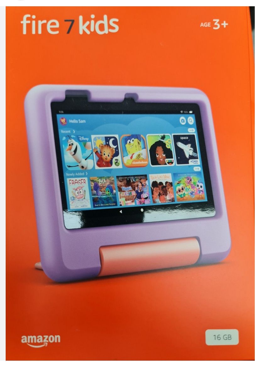 Amazon Fire 7 Kids tablet, ages 3-7.  7" kids tablet on Amazon - 16GB Purple