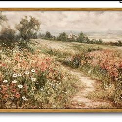 Framed Canvas Wall Art,Vintage Decor,Landscape Nature Country Wildflower Paintings Farmhouse