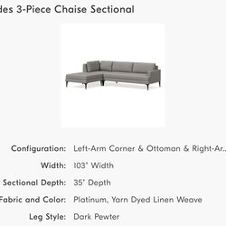 Westelm  Andes 3-Piece Chaise Sectional With Ottoman