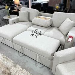 Modern Cream L - shape Sleeper Sectional Sofa With  Pull Out Sofa