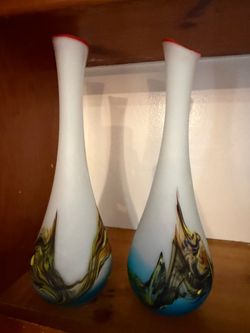 2 White and Blue Hand blown Glass Vase with Multicolor Stripes, 14.5" Tall