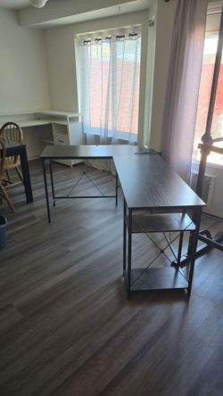 L Shaped Desk with Power Outlet & Storage Shelves
