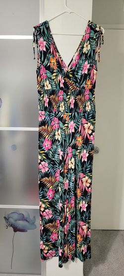 Women's Tropical Print Wide-Leg Jumpsuit with Smocked Waist –