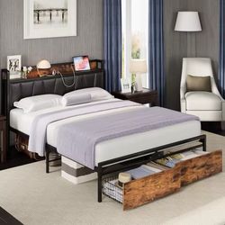 Queen Bed Frame, Storage Headboard with Charging Station, Platform Bed with Drawers, No Box Spring Needed, 