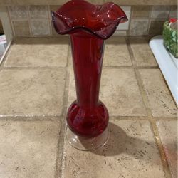 Art glass red hand blown crackle glass Ruffle bud vase