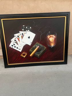 55X44 POKER HAND STRAIGHT FLUSH HAND ORIGINAl ON CANVAS PAINTING UNSIGNED Custome framed  wood in excellent condition