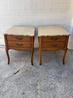 Pair of vintage French Provincial-style marble top wood end tables or nightstands