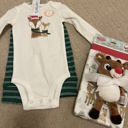 Infant Boy Christmas Reindeer Outfit Rudolph Swaddle Blanket Plush (6 Months)