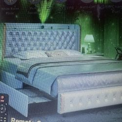 Queen LED Bed Frame With 4 drawers and Star Protector Galaxy Lights, Wingback Diamond Headboard With Charger, Music Speaker And No Box Spring Needed. 