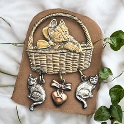 Vintage Tr Color Cats Brooch Badket Pewter Copper Brass Finish Dangle Pin 2"