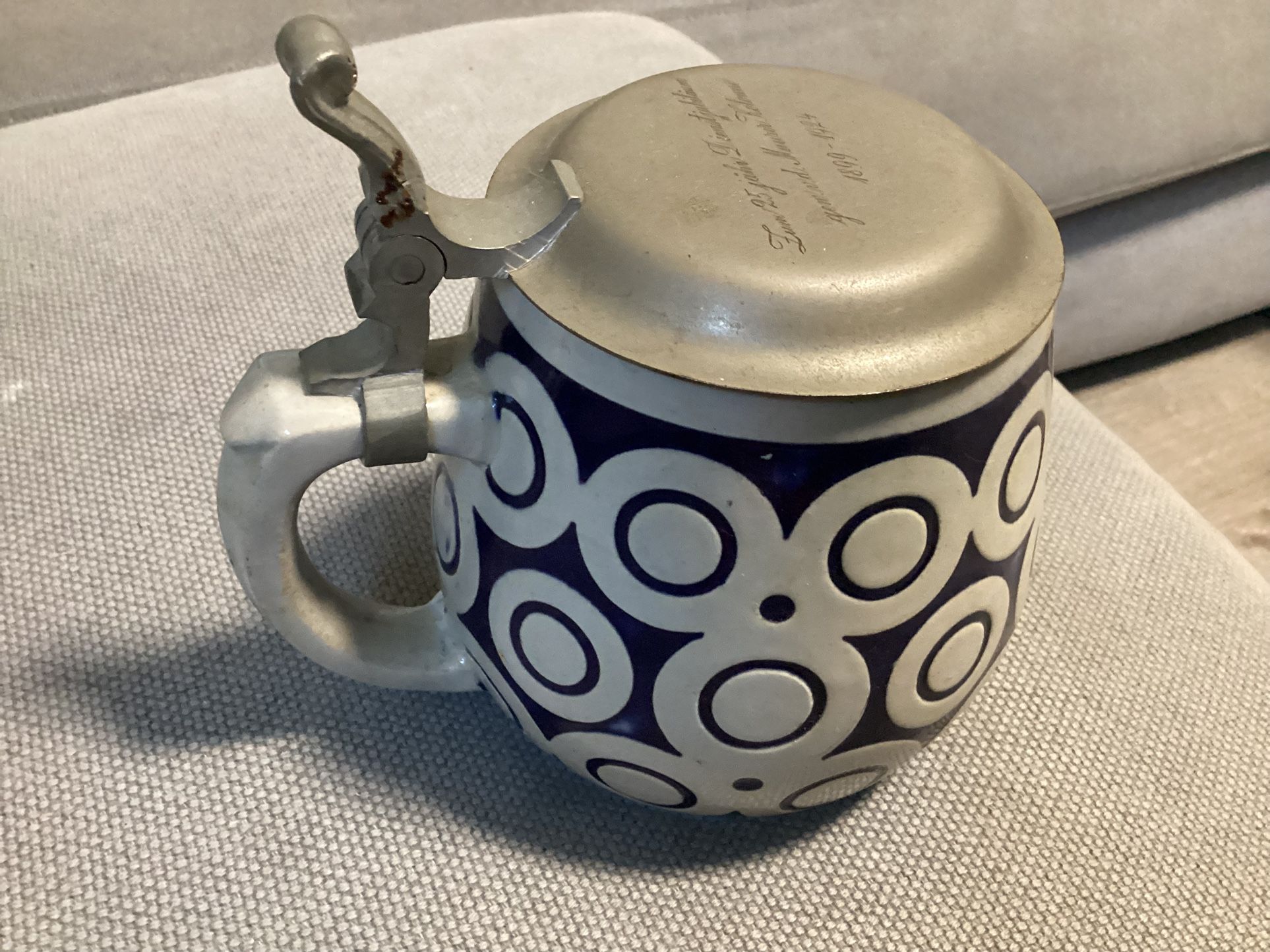 German Beer Mug w pewter lid Maurer Kolonne 1(contact info removed) blue gray design #2380
