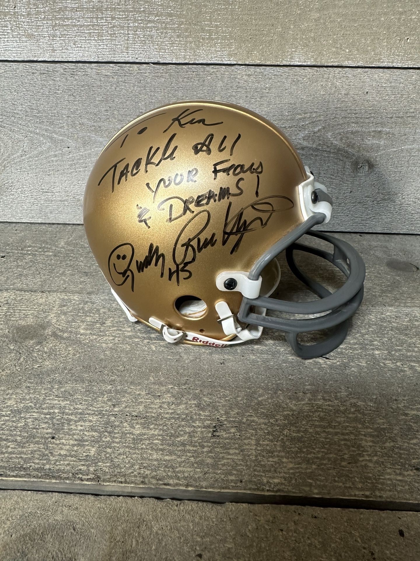Rudy Ruettiger Signed Autographed Notre Dame Irish Mini Helmet Riddell 3 5/8