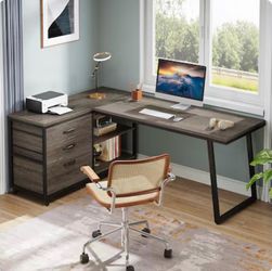 Tribesigns 53 inch W Grey L Shaped Computer Desk Writing Table with 3 Drawers and Shelves