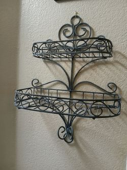 Large  Iron  Scroll Two Tier Basket Hanging Wall Display Storage