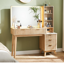 T4TREAM 48" Fluted Makeup Vanity Desk with Large 36" Mirror and Lights, Modern Glass Top Big Vanity Table with 5 Drawers & Adjustable Shelves, Dressin