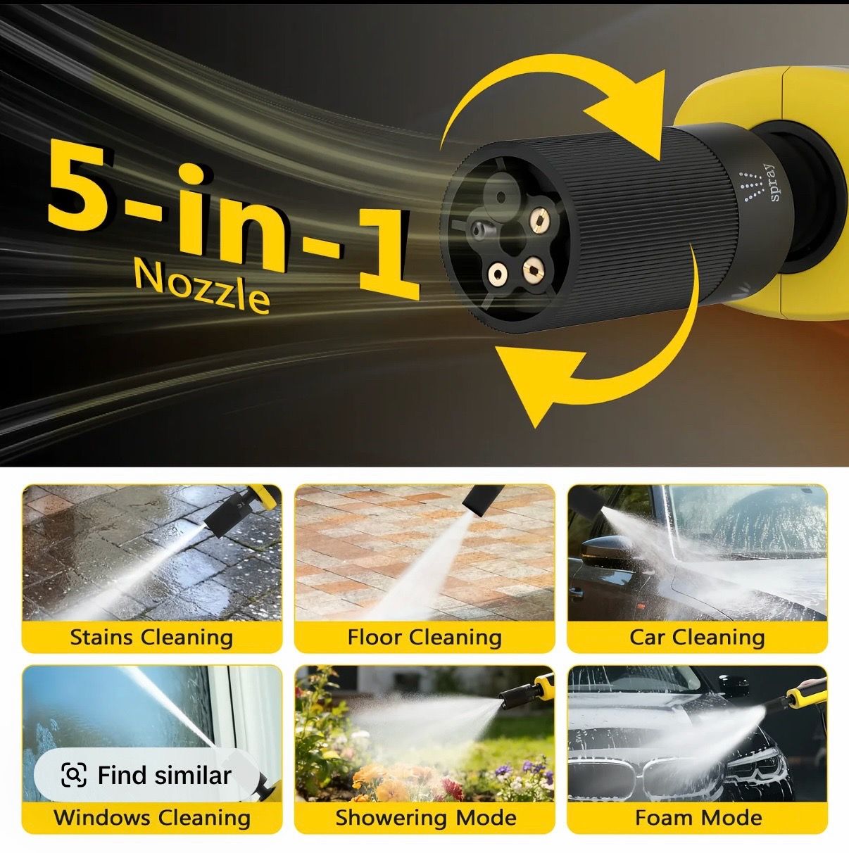 Portable Cordless Car Washer, 1000 PSI Cordless Foldable Power Washer, 5-in-1 Nozzle