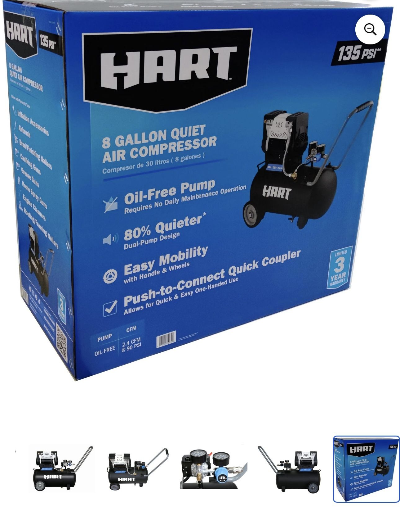 HART Electric Air Compressor Black 135 PSI Oil-Free 8 gal