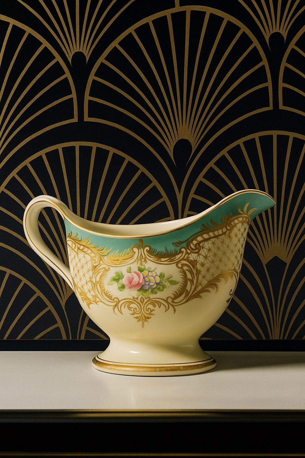 Noritake M Japan 1920s Hand-Painted Gravy Boat Green Gold Flowers Gold Trim