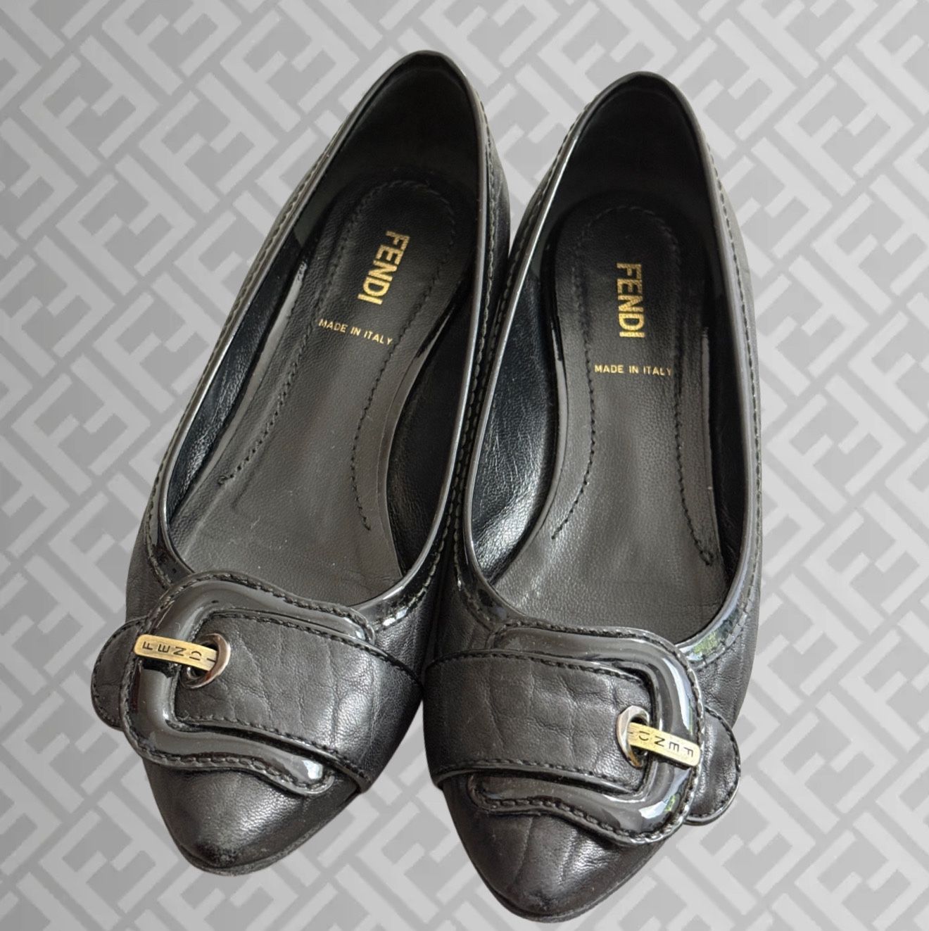 Fendi Italy 2000s Quilted Leather Patent Trim Ballerina Flats, Size 36