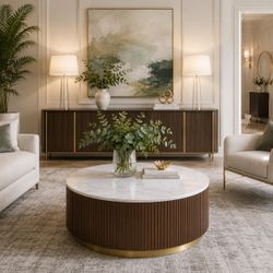 Round White Marble Top Coffee Table Honey Brown Gold Accent Mesa de Centro Redonda Marmol Blanco Venta Furniture Sale Muebles