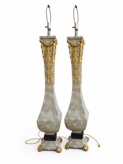 Pair Tall 60” Vintage Gold & Gray Hollywood Regency Floor Lamps