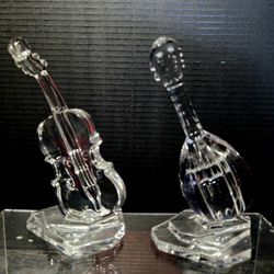 Set of 2 crystal Vintage  figurines of musical instruments, likely a violin and a banjo Paperweights 5.5" 