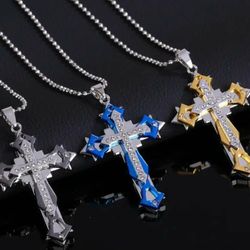 3-Pcs Uniquely Crafted 2-Tone Multi-Layer Titanium Steel Cross Pendant With 24"Chain Necklace 