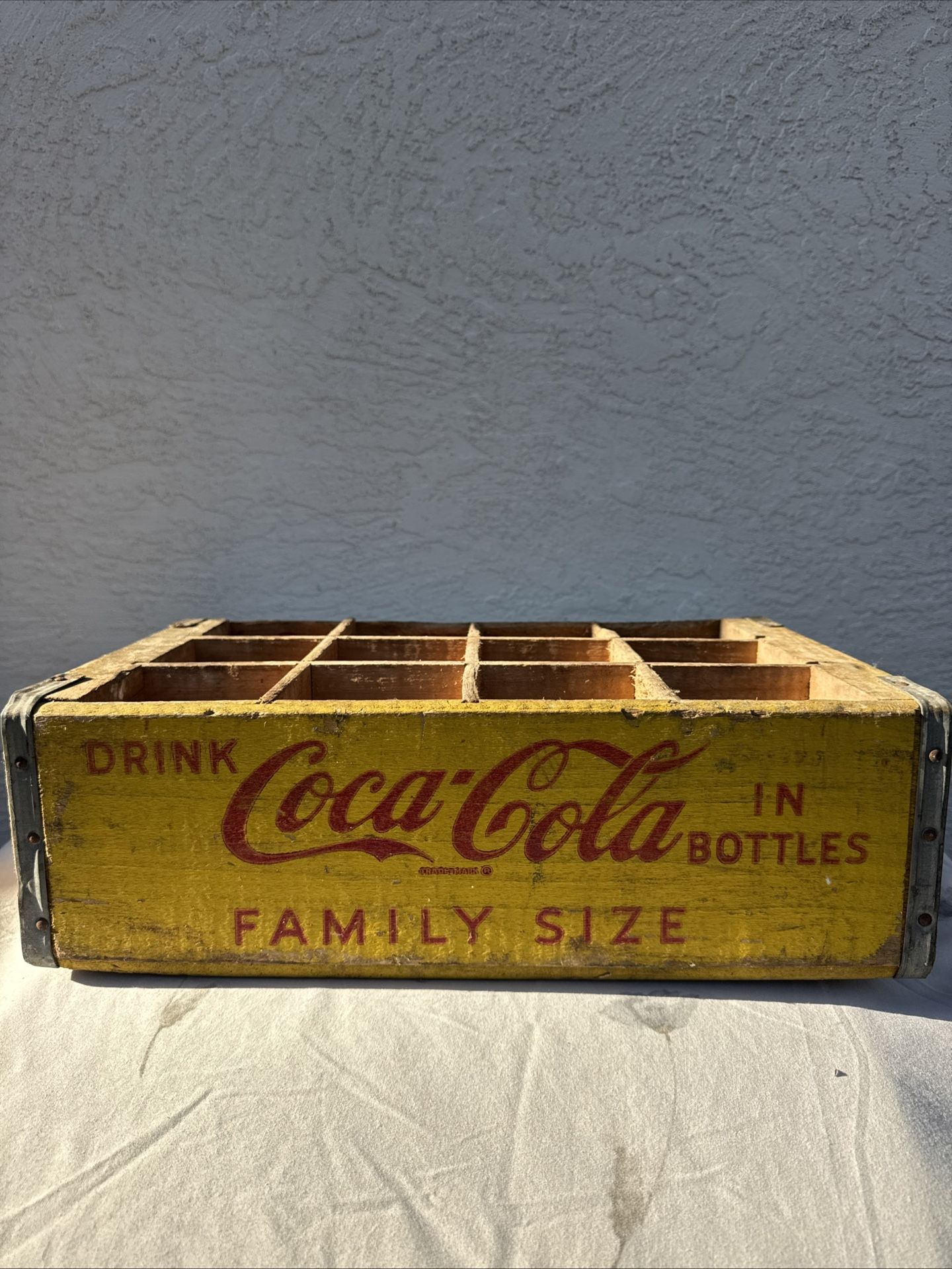 Vintage Yellow & Red Coca-Cola Family Size Wood Crate For 12 Bottles 1960s