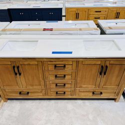 72” Brand New Bathroom Vanity in Teak color, Soft Close Solid Wood with Top in White  $1149 