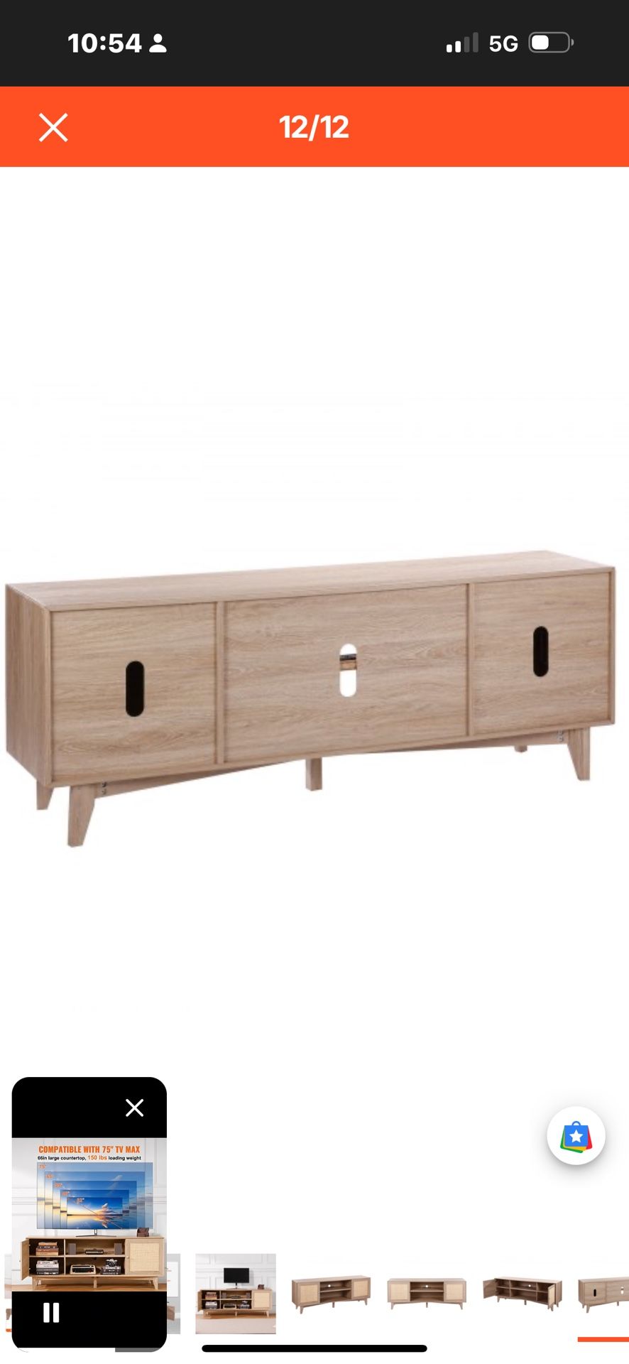 Rattan TV Stand, Mid Century Modern TV Stand for 75 inch TV, Boho Rattan TV Cabinet with Build-in Socket and USB Ports, Adjustable Shelfs for Living R