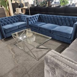 Brand New Blue Or Gray Tufted Velvet Modern Sofa + Loveseat 2PCs Set
