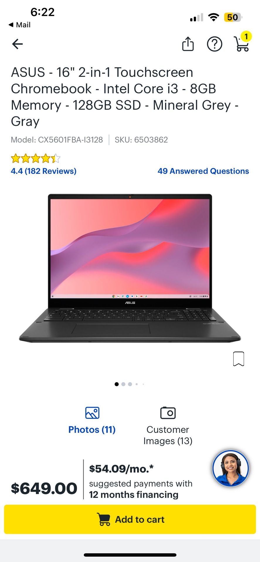 Asus 16” 2-1 Touchscreen Chrome Book Laptop