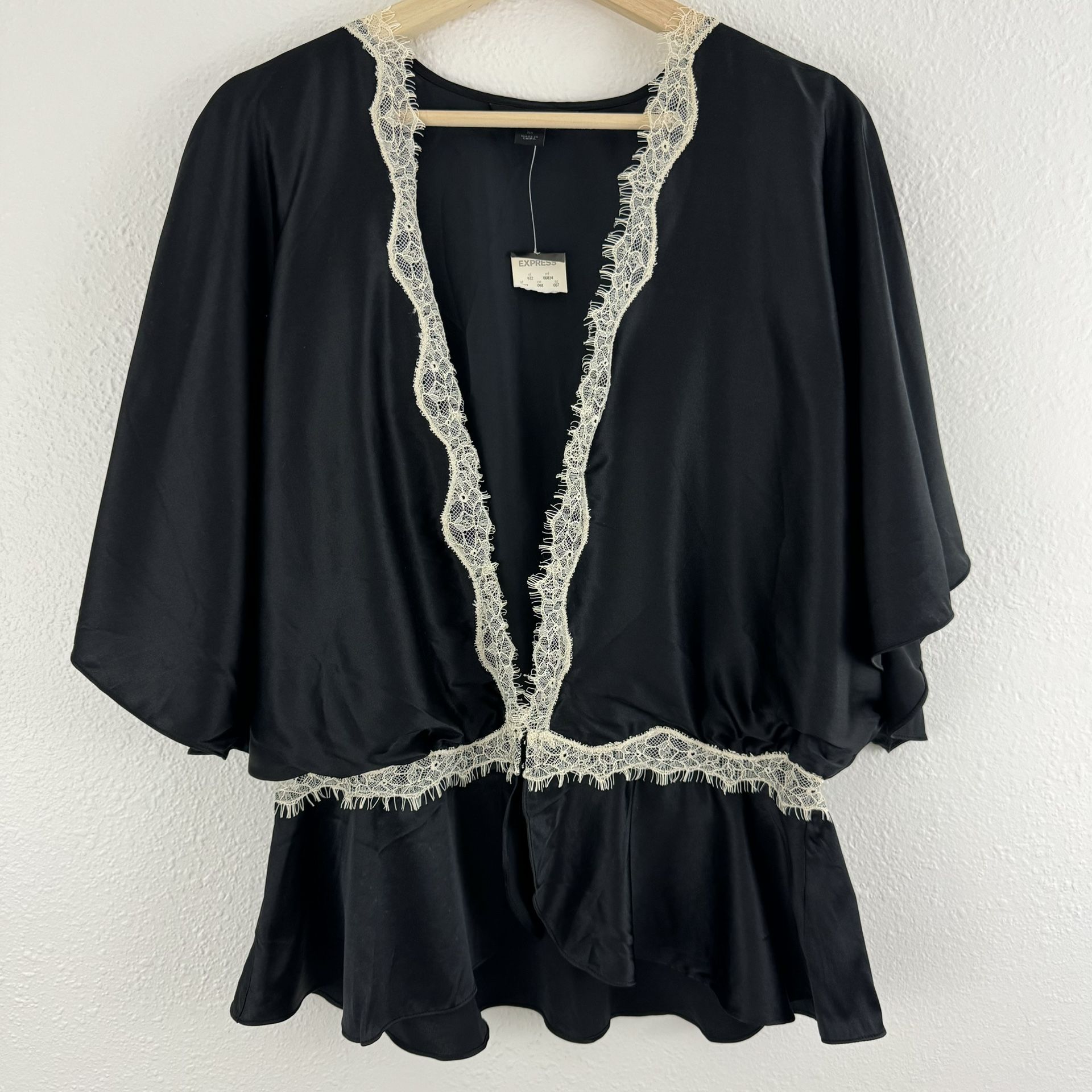 EXPRESS Y2K Black Silk White Lace Deep V Neck Romantic Grunge Kimono Blouse Top