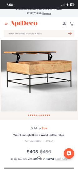 LOW PRICE MOVING- $849 + TAX AND SHIPPING RETAIL WEST ELM LIFT TOP STORAGE COFFEE TABLE