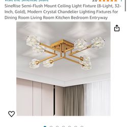 SineRise Semi-Flush Mount Ceiling Light Fixture (8-Light, 32-Inch, Gold), Modern Crystal Chandelier Lighting Fixtures for Dining Room Living Room Kitc