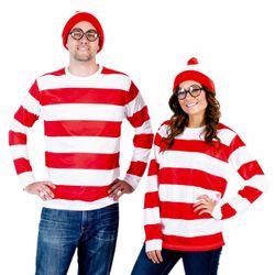 Where's Waldo DELUXE Adult Costume Set Shirt Hat Glasses Size L/XL