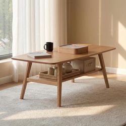 Mid Century Modern Coffee Table: 100% Solid Wood Coffee Table - 2-Tier Storage Design - Practical Coffee Tables for Living Room, Apartment, Easy Assem