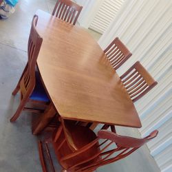 Amish Mission Style Solid Tiger Oqk Trestle Dining/crafts Table W 5 Chairs