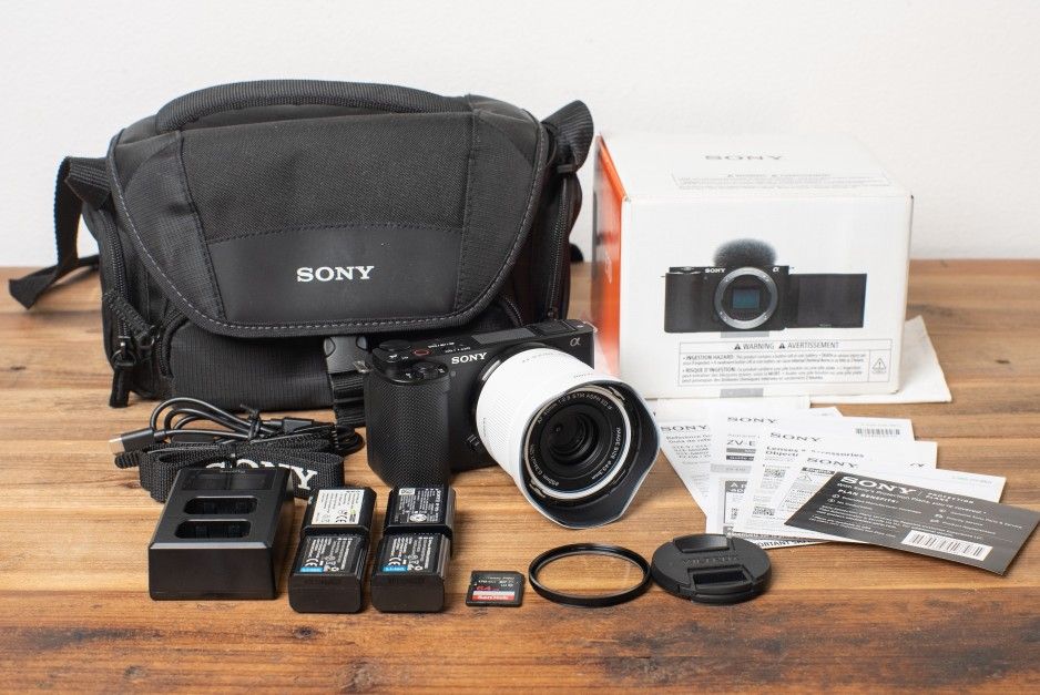Sony ZV-E10 mirrorless camera Viltrox 40mm prime lens carrying case SmallRig charger SanDisk SD card . Panasonic canon Nikon fuji dji