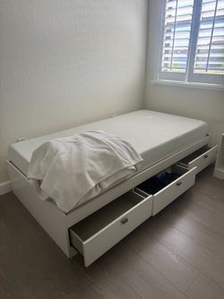 White Twin Bed Frame with Storage Drawers