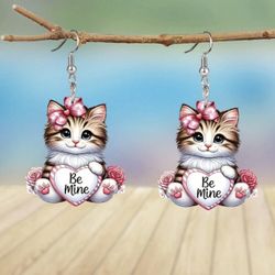 Perfect Valentine Red Heart Rose Cat Acrylic Earrings