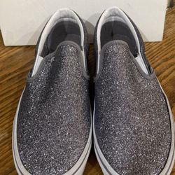 Néw Vans off The Wall Asher Glitter Gunmetal And Sidewall Slip Ons Womens 7 Mens 5.5